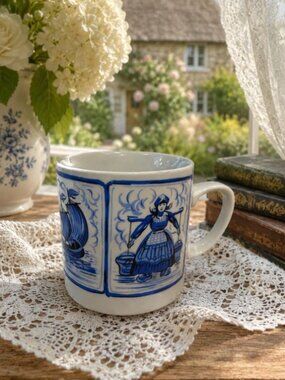 Vintage Delft Style Blue White Windmill Mug Dutch Scene Decor